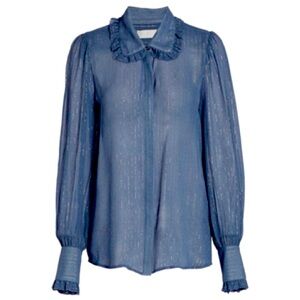 METALLIC STRIPE RUFFLE COLLAR SHIRT IN DENIM BLUE size small nwt